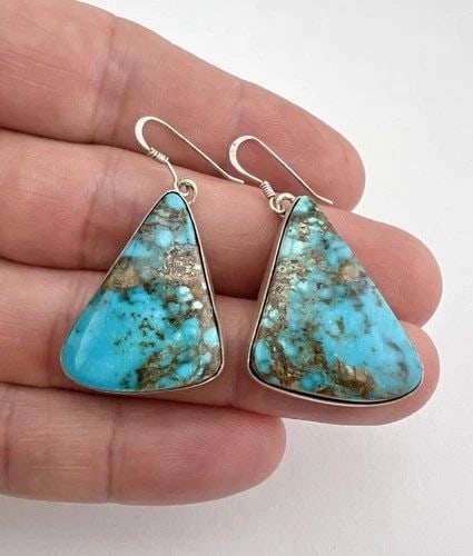 VTG T SKEETS NAVAJO STERLING SILVER WEB KINGMAN TURQUOISE HOOK DANGLE EARRINGS (1 of 2)