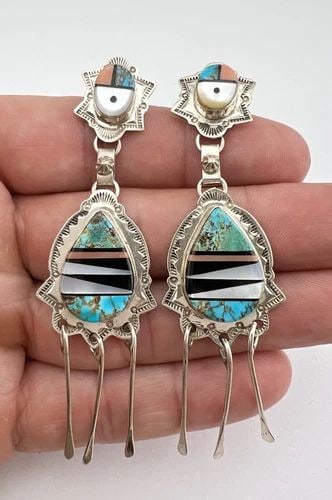 VTG D ASHLEY NAVAJO STERLING SILVER MULTI GEMSTONE SUNFACE DANGLE EARRINGS 3.5": VTG D ASHLEY NAVAJO STERLING SILVER MULTI GEMSTONE SUNFACE DANGLE EARRINGS 3.5" Vtg D Ashley Navajo Sterling Silver Multi Gemstone Sunface Dangle Earrings 3.5" Size: 3 1/2" Tall With Dangle By About 1