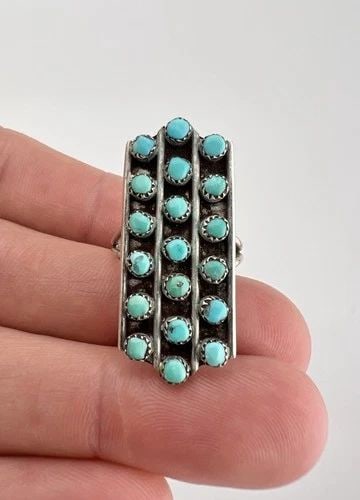 VINTAGE ZUNI STERLING SILVER PETIT POINT SNAKE EYE TURQUOISE ROW WOMEN'S RING: Vintage Zuni Sterling Silver Petit Point Snake Eye Turquoise Row Women's Ring Ring Size - 5.75 Weight is 5.0 Grams on my scale Metal: Sterling Silver Ring is Over 1 1/4" Tall In the Center Amazing Nat