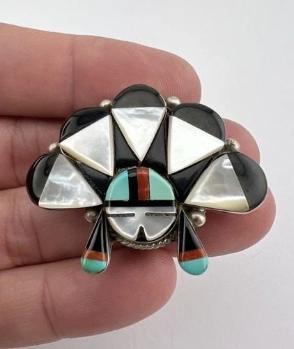 VINTAGE ZUNI STERLING SILVER FLUSH MULTI GEMSTONE SUNFACE BOLO TIE 1 5/8": VINTAGE ZUNI STERLING SILVER FLUSH MULTI GEMSTONE SUNFACE BOLO TIE 1 5/8" Vintage Zuni Sterling Silver Flush Multi Gemstone Sunface Bolo Tie 1 5/8" Size: Over 1 1/4" Tall & 1 5/8" Wide Weight is 15.4 