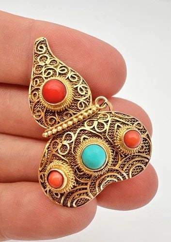 ANTIQUE CHINESE GILT SILVER TURQUOISE & RED CORAL FILIGREE GOURD CHARM PENDANT (1 of 2)