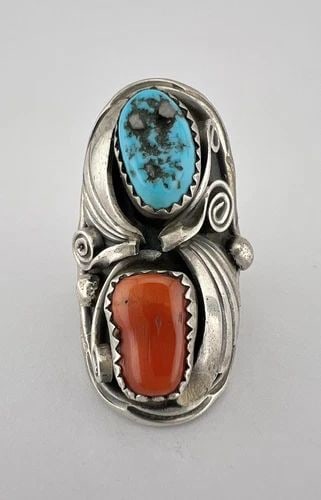 VTG NAVAJO STERLING SILVER KINGMAN TURQUOISE & CORAL STAMPED SADDLE RING 10G (1 of 2)