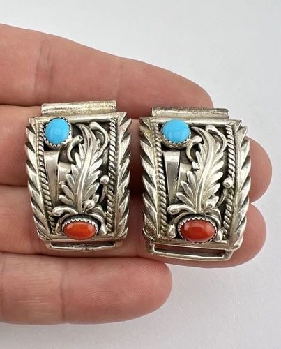 VTG NAVAJO STERLING SILVER SLEEPING BEAUTY TURQUOISE CORAL MENS WATCH TIPS 29.5G: VTG NAVAJO STERLING SILVER SLEEPING BEAUTY TURQUOISE CORAL MENS WATCH TIPS 29.5G Vtg Navajo Sterling Silver Sleeping Beauty Turquoise Coral Men's Watch Tips 29.5g Weight 29.5 Grams on my scale Size: 1