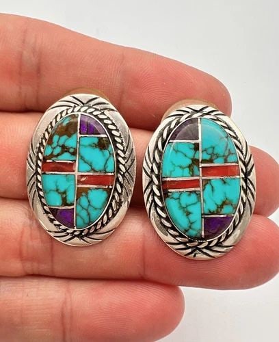 VTG NAVAJO STERLING SILVER SPIDERWEB TURQUOISE & CORAL & SUGILITE POST EARRINGS: VTG NAVAJO STERLING SILVER SPIDERWEB TURQUOISE & CORAL & SUGILITE POST EARRINGS Vtg Navajo Sterling Silver Spiderweb Turquoise & Coral & Sugilite Post Earrings Size: Almost 1 1/4" Tall & 78" Wide Weig