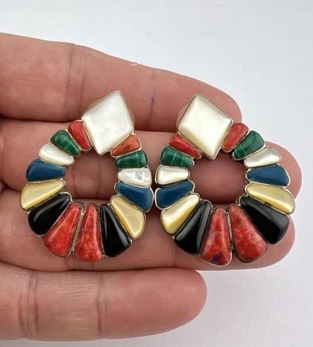 VTG NAVAJO STERLING SILVER MULTI GEMS COBBLESTONE TEARDROP POST EARRINGS 1.5" (1 of 2)