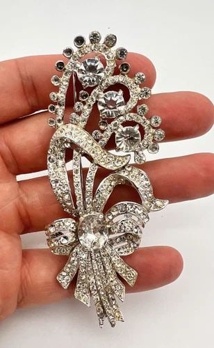 VINTAGE 4" MASSIVE CORO RHODIUM ELEGANT LARGE RHINESTONE FLORAL PIN BROOCH (1 of 2)