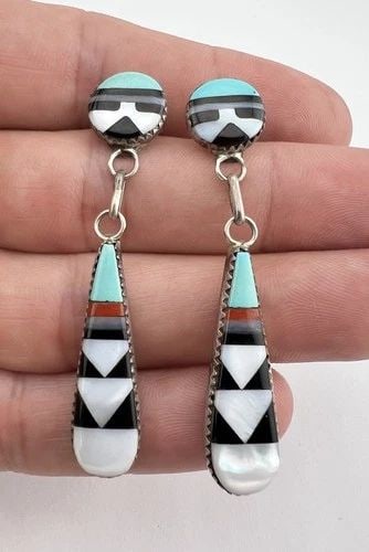 VTG ZUNI STERLING SILVER MULTI GEMSTONE SUNFACE FLUSH POST DANGLE EARRINGS 2.25": VTG ZUNI STERLING SILVER MULTI GEMSTONE SUNFACE FLUSH POST DANGLE EARRINGS 2.25" Vtg Zuni Sterling Silver Multi Gemstone Sunface Flush Post Dangle Earrings 2.25" Size: 2 1/4" Tall With Dangle & 3/8" W