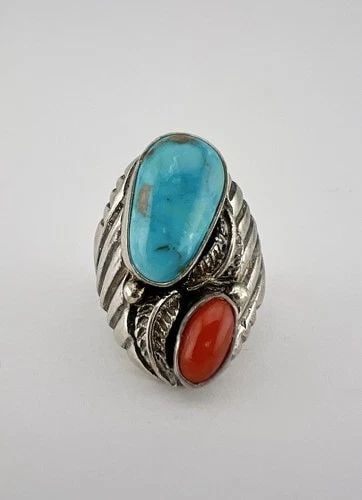 VTG NAVAJO STERLING SILVER FOX TURQUOISE & CORAL STAMPED INGOT MEN'S RING (1 of 2)