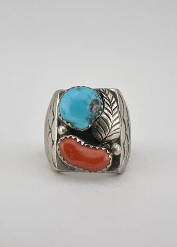 VTG NAVAJO STERLING SILVER TURQUOISE & CORAL STAMPED INGOT SQUARE MEN'S RING: VTG NAVAJO STERLING SILVER TURQUOISE & CORAL STAMPED INGOT SQUARE MEN'S RING Vtg Navajo Sterling Silver Turquoise & Coral Stamped Ingot Square Men's Ring Ring Size: 11 - Can Be Re Sized Weight is 12.8