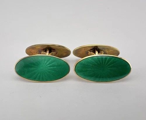 VINTAGE DAVID ANDERSON STERLING SILVER GREEN ENAMEL OVAL CUFFLINKS -ORIGINAL BOX (1 of 2)