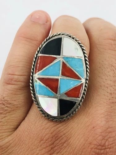 VINTAGE HUGE ZUNI TURQUOISE MOP CORAL & JET FLUSH INLAY STERLING SILVER RING: VINTAGE HUGE ZUNI TURQUOISE MOP CORAL & JET FLUSH INLAY STERLING SILVER RING Vintage Huge ZUNI Turquoise MOP Coral & Jet Flush Inlay Sterling Silver Ring Size: 10.25 Weight is 12.9 Grams on my scale T