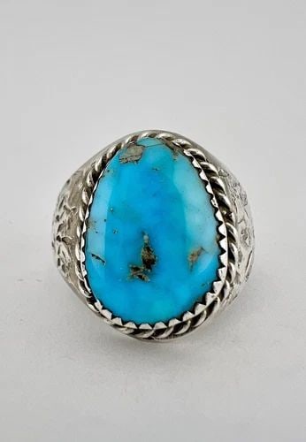 VTG NAVAJO STERLING SILVER BLUE WEBBED FOX TURQUOISE STAMPED MNE'S RING (1 of 2)