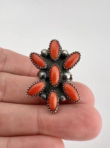 VINTAGE NAVAJO STERLING SILVER RED MEDITERRANEAN CORAL CLUSTER LONG RING 1 3/8": Vintage Navajo Sterling Silver Red Mediterranean Coral Cluster Long Ring 1 3/8" Ring Size: 5.5 - Can Be Re Sized Weight is 8.2 Grams on my scale Metal: Sterling Silver Ring is 1 3/8" Tall In the Cente