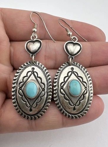 VINTAGE NAVAJO STERLING SILVER TURQUOISE STAMPED HEART HOOK POST EARRINGS 2.5" (1 of 2)