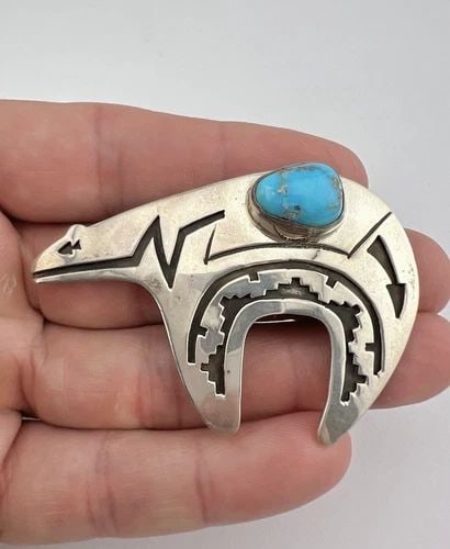 VTG NAVAJO STERLING SILVER CANDELARIA TURQUOISE OVERLAY BEAR BROOCH PIN 2.5"-20G (1 of 2)