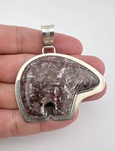 VTG BENJAMIN PIASO NAVAJO STERLING SILVER CARVED GRANITE BEAR PENDANT 2.25": VTG BENJAMIN PIASO NAVAJO STERLING SILVER CARVED GRANITE BEAR PENDANT 2.25" Vtg BENJAMIN PIASO Navajo Sterling Silver Carved Granite Bear Pendant 2.25" Size: 2 1/4" Tall With Bail & 2 1/4" Wide Weight
