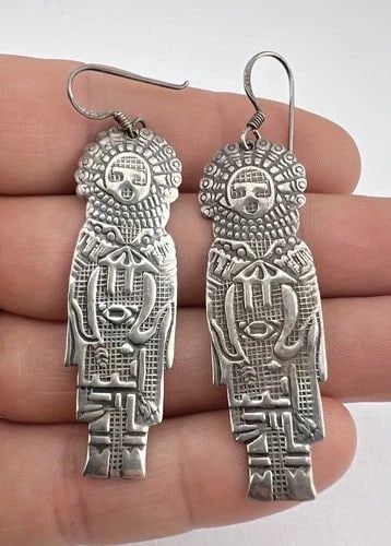 VTG NAVAJO STERLING SILVER STAMPED KACHINA HOOK POST DANGLE EARRINGS 2 3/8": VTG NAVAJO STERLING SILVER STAMPED KACHINA HOOK POST DANGLE EARRINGS 2 3/8" Vtg Navajo Sterling Silver Stamped Kachina Hook Post Dangle Earrings 2 3/8" Size: 2 3/8" Tall With Dangle 5/8" at its Widest