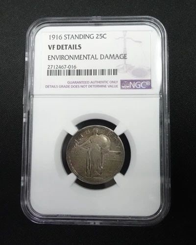 1916 STANDING LIBERTY 25C SILVER QUARTER TYPE 1 - NGC VF DETAILS: 1916 Standing Liberty 25C Silver Quarter Type 1 NGC Certified - VF Details Environmental Damaged