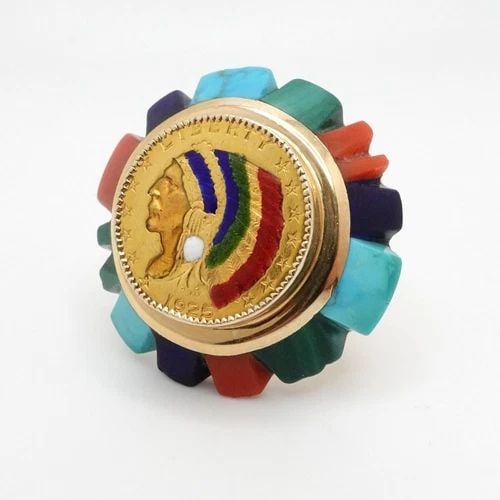 1925 INDIAN HEAD GOLD COIN ON 14K RING ENAMEL MULTI GEMSTONE RING - SIZE 7.5: 1925 INDIAN HEAD GOLD COIN ON 14K RING ENAMEL MULTI GEMSTONE RING - SIZE 7.5 14K Yellow Gold Ring 1925 Indian Head Gold Coin Enamel Multi Gemstone Ring Size - 7.5 Ring Height - 31mm Band Width - 5mm T