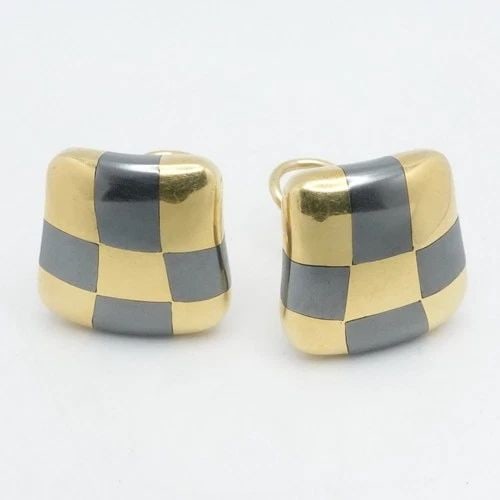 ANGELA CUMMINGS 18K YELLOW GOLD CHECKERBOARD OMEGA BACK STUD EARRINGS 3/4" (1 of 2)