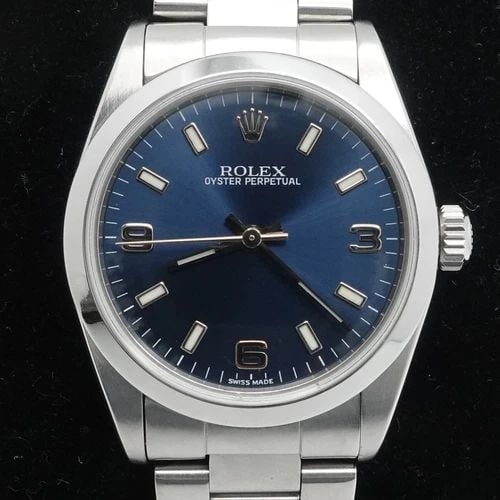 ROLEX OYSTER PERPETUAL 77080 STAINLESS STEEL BLUE DIAL WATCH 31MM: ROLEX OYSTER PERPETUAL 77080 STAINLESS STEEL BLUE DIAL WATCH 31MM Rolex Oyster Perpetual Reference - 77080 Stainless Steel Blue Dial Automatic Watch Case Size - 31mm Fits up 6.25" Wrist Very Great & P