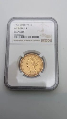 1907 $10 GOLD LIBERTY HEAD COIN NGC AU DETAILS CLEANED: 1907 $10 Gold Liberty Head NGC AU Details Cleaned