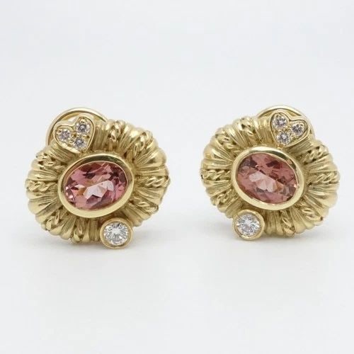 JUDITH RIPKA 18K YELLOW GOLD PINK TOURMALINE DIAMOND OMEGA BACK STUD EARRINGS: JUDITH RIPKA 18K YELLOW GOLD PINK TOURMALINE DIAMOND OMEGA BACK STUD EARRINGS Judith Ripka 18K Yellow Gold Pink Tourmaline & Diamond Accent Omega Back Stud Earrings Measurements (L x W) - 17mm x 19mm 