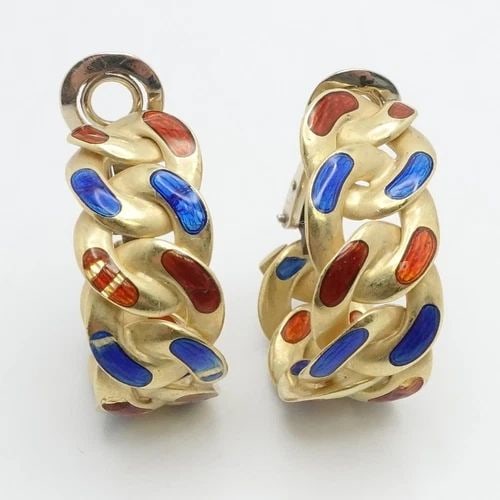 BVLGARI 18K YELLOW GOLD RED BLUE ENAMEL CHAIN LINK CLIP ON HOOP EARRINGS 1" (1 of 2)