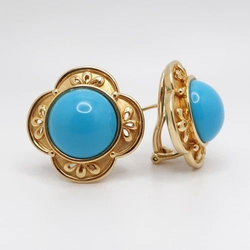 18K YELLOW GOLD TURQUOISE GEMSTONE FLOWER OMEGA BACK STUD EARRINGS: 18K YELLOW GOLD TURQUOISE GEMSTONE FLOWER OMEGA BACK STUD EARRINGS 18K Yellow Gold Turquoise Gemstone Flower Omega Back Earrings Height - 0.90" Gemstone Size - 13mm Total Weight - 18.6 Grams