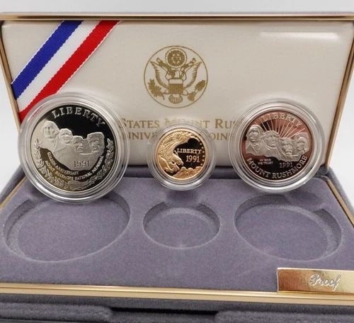 1991 U.S MINT MOUNT RUSHMORE ANNIVERSARY GOLD & SILVER 3 COIN PROOF SET OGP COA: 1991 U.S MINT MOUNT RUSHMORE ANNIVERSARY 3 PROOF COIN SET - OGP & COA 1991 U.S Mint Mount Rushmore Anniversary Three Coins Proof Set OGP & COA Included