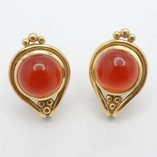 HELEN WOODHULL 22K YELLOW GOLD CABOCHON ORANGE STONE OMEGA BACK EARRINGS 3/4" (1 of 2)