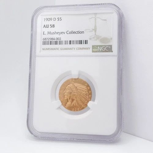 1909 D $5 GOLD INDIAN HEAD HALF EAGLE COIN E. MUSHEYEV COLLECTION - NGG AU 58 (1 of 2)