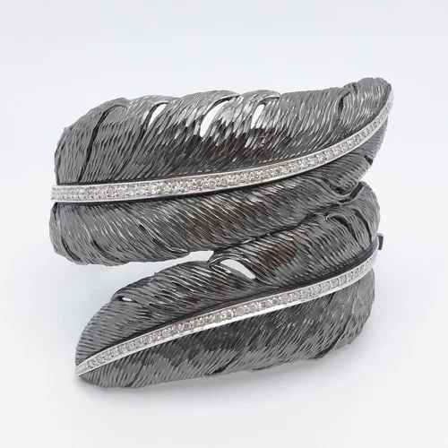 MICHAEL ARAM STERLING SILVER DIAMOND FEATHER BLACK CUFF BRACELET - 6" WRIST (1 of 2)