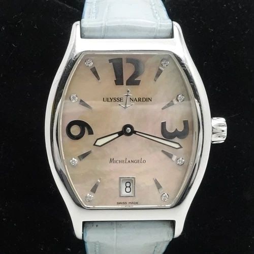 ULYSSE NARDIN MICHELANGELO 113-48 MOTHER OF PEARL DATE AUTOMATIC WATCH 31MM: ULYSSE NARDIN MICHELANGELO 113-48 MOTHER OF PEARL DATE AUTOMATIC WATCH 31MM Ulysse Nardin Michelangelo Stainless Steel Mother of Pearl Dial with Diamond Markers Automatic Watch with Light Blue Leather