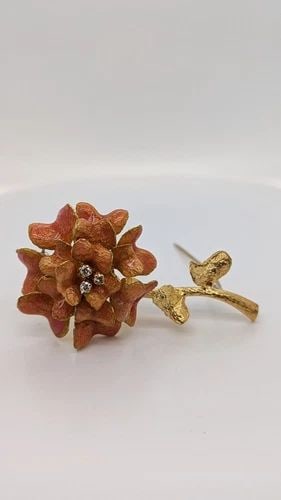 RUTH SATSKY 18K YELLOW GOLD FLOWER DIAMOND ACCENT ENAMEL BROOCH - 14.2 GRAMS (1 of 2)