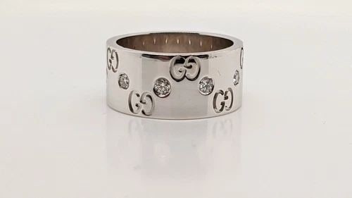 AUTHENTIC GUCCI ICON 18K WHITE GOLD DIAMOND LOGO WIDE BAND RING - SIZE 6 (1 of 2)