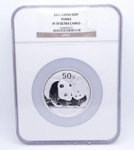 2011 CHINESE PANDA 5 OZ. SILVER 50 YUAN PROOF COIN - NGC PF70 ULTRA CAMEO COA: 2011 Chinese Panda Commemorative .999 Fine Silver 5 Oz. 50 Yuan Proof Coin NGC Certified - PF 70 Ultra Cameo Diameter - 70mm Max Mintage - 20,000 pieces NGC Cert # 354468-063 COA & Original Velvet Pou