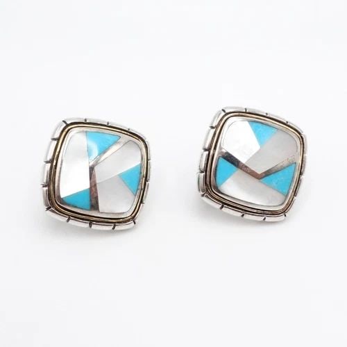 ERIC GROSSBARDT 18K GOLD STERLING SILVER MOTHER OF PEARL TURQUOISE EARRINGS (1 of 2)