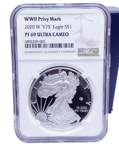 2020-W WWII PRIVY MARK V75 EAGLE SILVER $1 COIN - NGC PF 69 ULTRA CAMEO BOX COA: 2020-W WWII Privy Mark 'V75' Eagle Silver $1 Coin NGC Certified - PF 69 Ultra Cameo OGP Box & COA Included