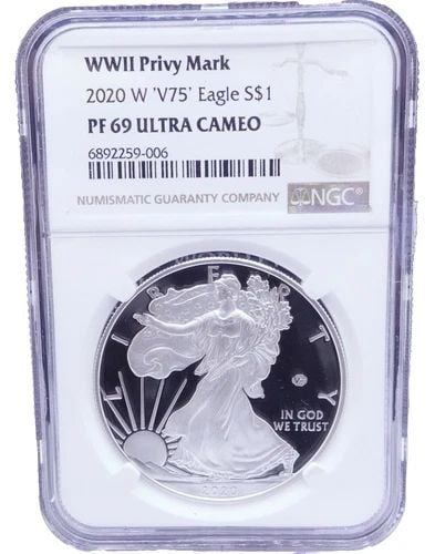2020-W WWII PRIVY MARK V75 EAGLE SILVER $1 COIN - NGC PF 69 ULTRA CAMEO BOX COA: 2020-W WWI Privy Mark 'V75' Eagle Silver $1 Coin NGC Certified - PF 69 Ultra Cameo OGP Box & COA Included
