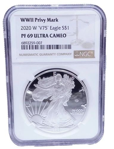 2020-W WWII PRIVY MARK V75 EAGLE SILVER $1 COIN - NGC PF 69 ULTRA CAMEO OGP COA (1 of 2)