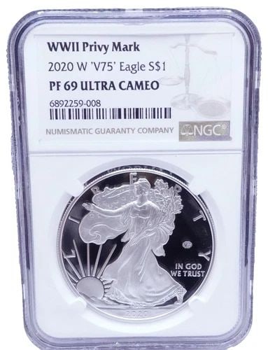 2020-W WWII PRIVY MARK V75 EAGLE SILVER $1 COIN - NGC PF 69 ULTRA CAMEO: 2020-W WWII Privy Mark 'V75' Eagle Silver $1 Coin NGC Certified - PF 69 Ultra Cameo OGP Box & COA Included