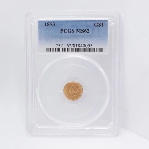 1853 $1 GOLD LIBERTY HEAD COIN - PCGS MS 62: 1853 $1 Gold Liberty Head Coin Certified PCGS - MS 62 Est. Price Value - $600 USD Looks Great