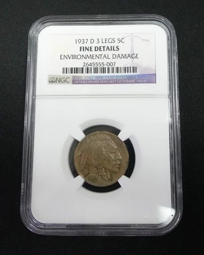 1937 D 5C INDIAN HEAD 3 LEGS BUFFALO COIN - NGC FINE DETAILS (1 of 2)
