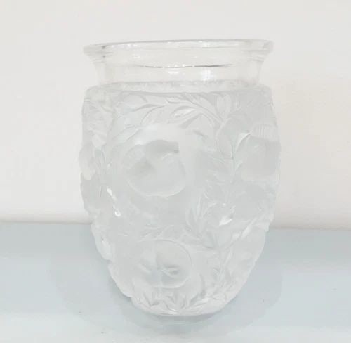 LALIQUE BAGATELLE SPARROW BIRD & LEAVES FROSTED CLEAR CRYSTAL VASE - 6.5" (1 of 2)