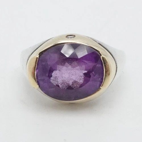 M SIGNED STERLING SILVER 18K GOLD TWO TONE PURPLE STONE DIAMOND RING SIZE 5.25 (1 of 2)