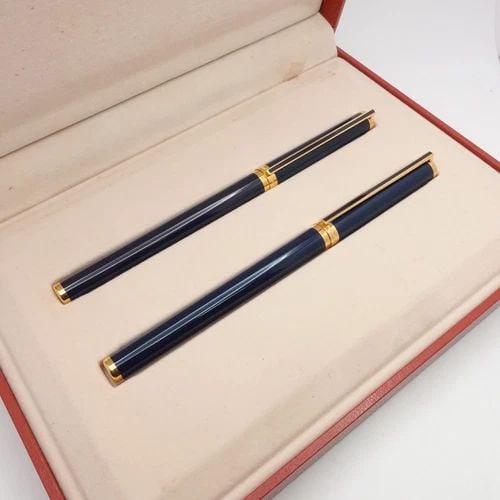 S.T DUPONT 18K YELLOW GOLD NIP BLUE FOUNTAIN & ROLLER BALL PEN SET - BOX & PAPER (1 of 2)