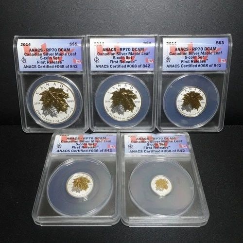2014 CANADA SILVER MAPLE LEAF 5 COIN SET - FIRST RELEASE - ANACS PR70 DEEP CAMEO: 2014 CANADA SILVER MAPLE LEAF 5 COIN SET - FIRST RELEASE - ANACS PR70 DEEP CAMEO 2014 Canada Silver Maple Leaf 5 Coin Set - First Release - ANACS Certified - PR70 Deep Cameo