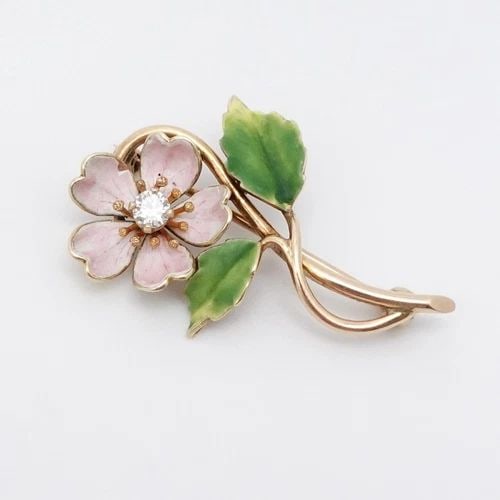 HEINTZ BROS. 14K YELLOW GOLD PINK ENAMEL FLOWER DIAMOND SMALL BROOCH PIN (1 of 2)