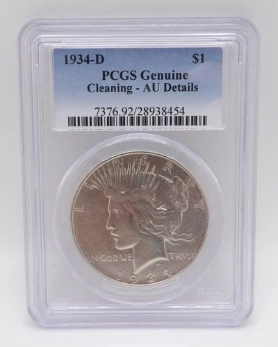 1934 D PEACE SILVER $1 DOLLAR COIN - PCGS GENUINE CLEANING AU DETAILS: 1934 D Peace Silver $1 Dollar Coin PCGS Certified - AU Details GENUINE CLEANING